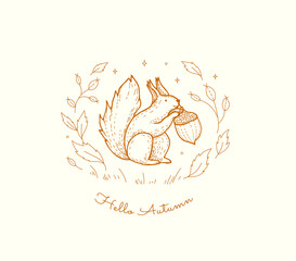 Obraz premium Cozy seasonal illustration of cute squirrel in botanical wreath with fall leaves. Hand drawn sticker
