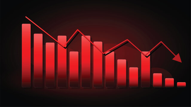 Red bearish stock market chart with falling arrow, financial crisis bar graph on dark background, economic recession and business failure concept vector