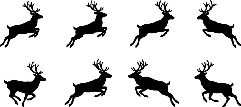 Collection of eight deer silhouette icons in jumping poses demonstrating dynamic motion isolated on a white background