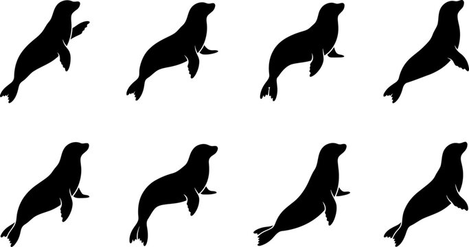 Set of eight sea lion silhouette icons in various stances and swimming poses isolated on a clean white background
