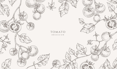 Naklejka na ściany i meble Background with tomatoes brunch and leaves. Detailed hand drawn ink illustration for template layout design, brochure or cover for food card