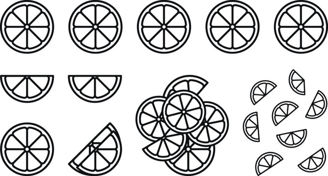 Minimalist citrus slice line art icons, black and white lemon and orange fruit segments, thin stroke vector set for healthy food branding
