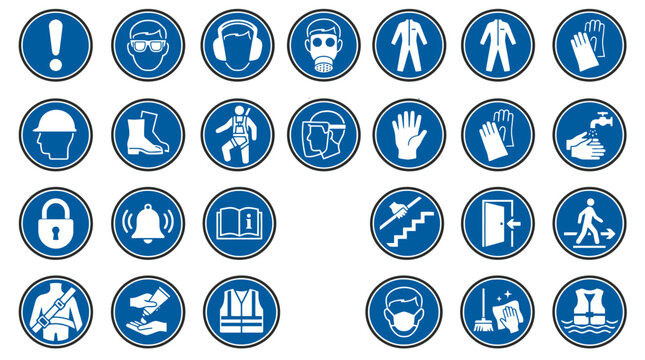 Vector Icons Collection of blue mandatory safety signs and personal protective equipment icons for industrial workplace safety. EPS Editable