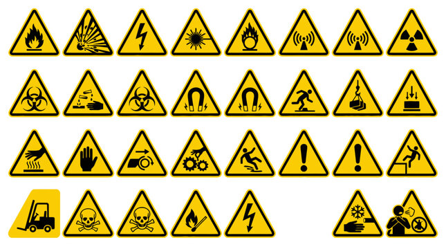 Vector Icons Set of yellow triangular warning signs and hazard symbols isolated on white background. EPS Editable