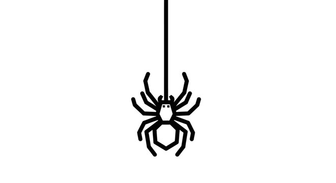 Black and white spider illustration hanging from a thin string on white backdrop