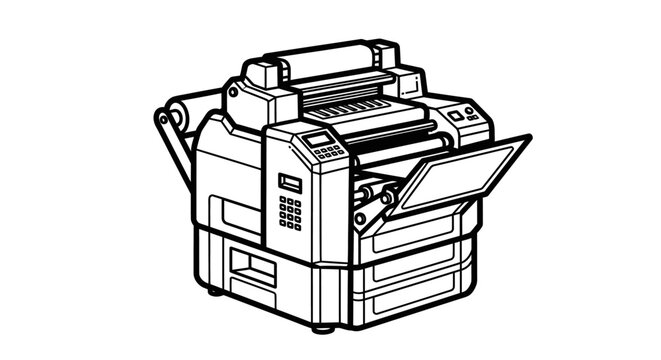 Detailed black and white illustration of a modern office printer isolated