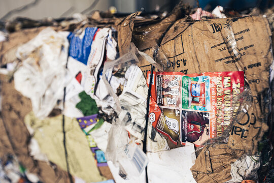 Close Up of Compressed Cardboard and Paper Waste Bale for Recycling