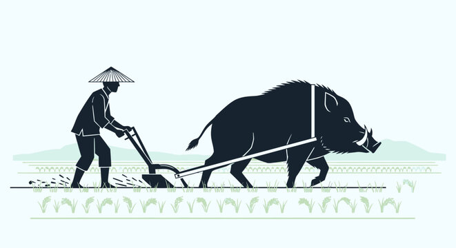 Farmer plowing field with boar agricultural scene illustration vector design