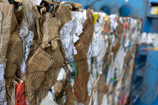Close Up of Compressed Cardboard Bale at Recycling Facility