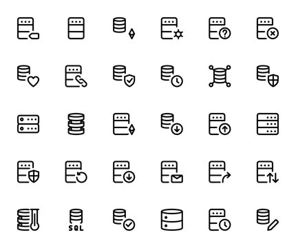 Web Apps Database icon set. Minimal linear vector icons pack. Featuring database security, mining, hosting, protection, backup, SQL server, and more. Editable stroke.