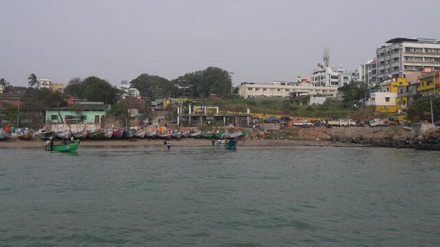 Fishing Boats from distance on Coastal Shoreline in Kanyakumari India