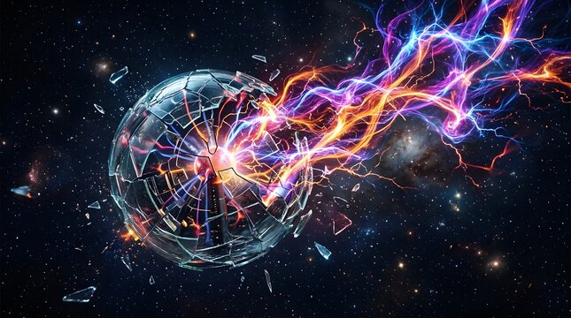 Abstract glowing glass sphere shattering with bright colorful electric energy sparks on black