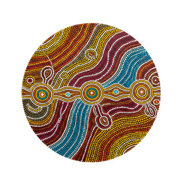 Circular aboriginal dot painting with wavy lines, earth tones