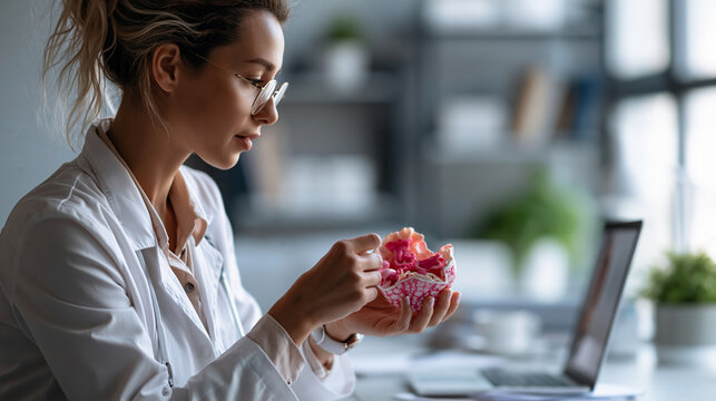 A European female doctor viewed from the side explains a soft uterus model during a bright online gynecology consultation in calm modern clinic daylight gynecology consultation