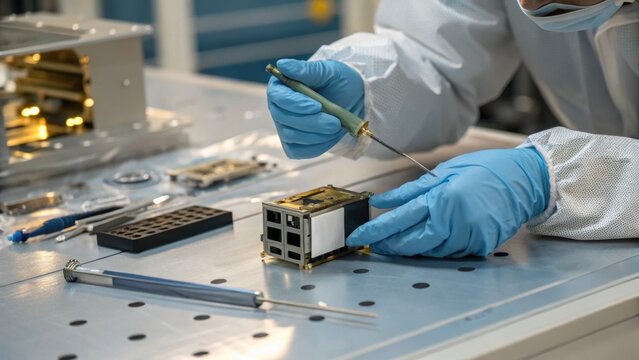 A technician wearing gloves assembles or inspects a small satellite component on a cleanroom table in a controlled laboratory environment.