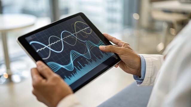 A person uses a tablet displaying complex scientific data including DNA helix and wave graphs, suggesting research or analysis in genetics or biotechnology.