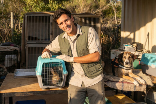 Man volunteering at an animal shelter, caring for a rabbit in a carrier, with a dog companion
