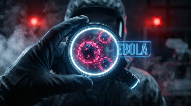 Epic cinematic concept of Ebola virus research. Hazmat gloved hand holding a magnifying glass over a mutating pathogen with glowing text.

