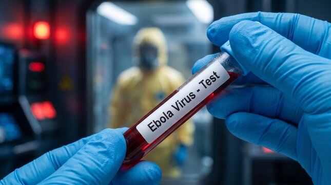 Scientist in blue gloves holding a blood sample test tube for Ebola virus analysis. Infectious disease laboratory research.

