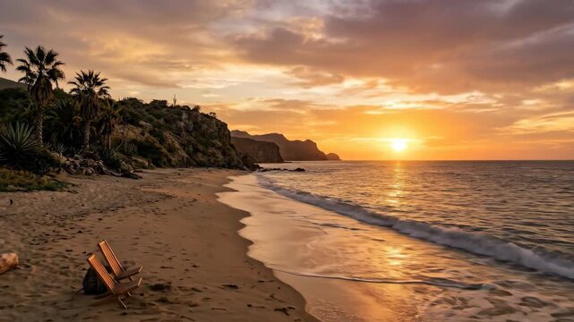 Baja California Mexico beach sunset, warm coastal landscape with glowing horizon, quiet shoreline and peaceful travel atmosphere for vacation, nature and evening seascape themes, golden light,