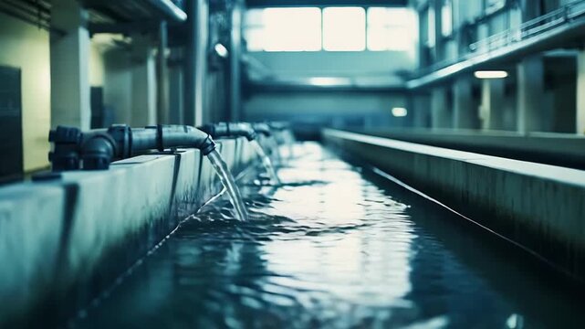 Water filtering through a series of pipes and channels within an industrial purification plant, symbolizing cleanliness, filtration, and essential resource management for public supply