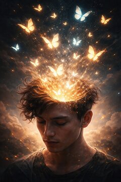 Young man with glowing butterflies emerging from mind symbolizing creativity imagination transformation and inspiration