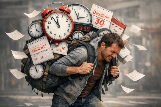 Man carrying heavy load of clocks and deadlines symbolizing time pressure stress overload and urgency