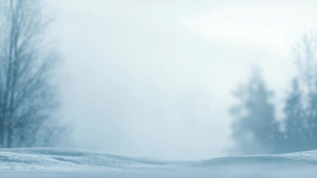 Winter landscape with snow covered ground and blurred trees in the background, creating a serene and tranquil atmosphere. Soft blue tones evoke a peaceful, frosty morning in nature