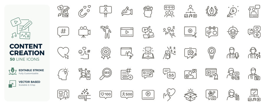 Content creation icons. Social media marketing, influencer, blogging, digital creator thin line icon set. Editable stroke vector illustrations.