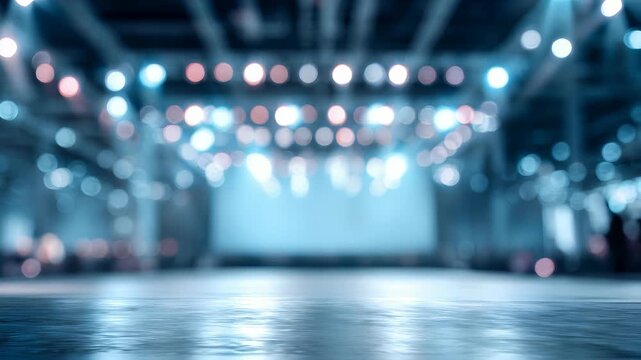 Modern empty stage with blurred bokeh lights in a large event hall, creating a vibrant and dynamic atmosphere. Perfect backdrop for concerts, conferences, or entertainment shows