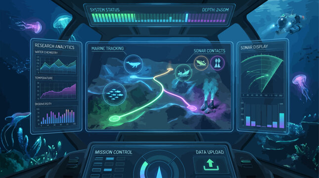 Sci-fi submarine radar navigation interface screen tracking deep sea topography and marine contacts