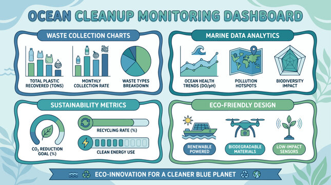Ocean cleanup monitoring dashboard interface tracking plastic waste pollution metric charts and eco friendly drone deployment