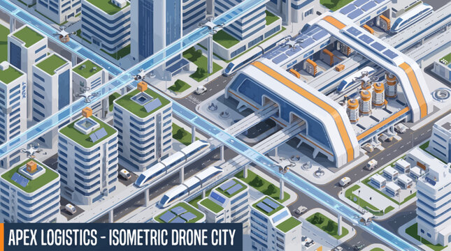 Isometric futuristic smart city layout with elevated electric monorail train transit line running between green skyscrapers