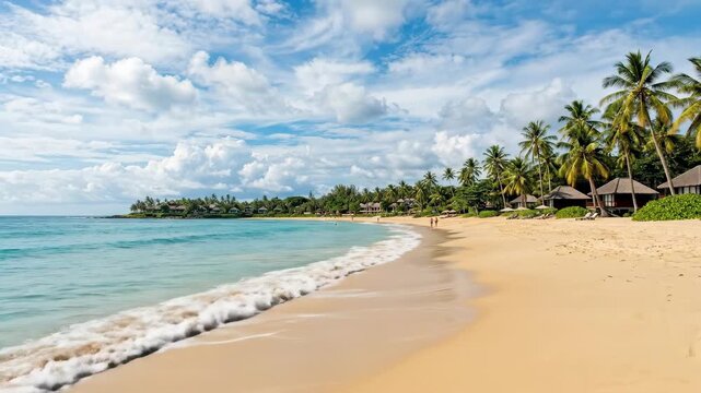 Sunny beach with gentle waves under a cloudy summer sky, scenic summer beach background for travel advertising, resort branding, vacation banners and coastal design, bright sea, warm sand and generous