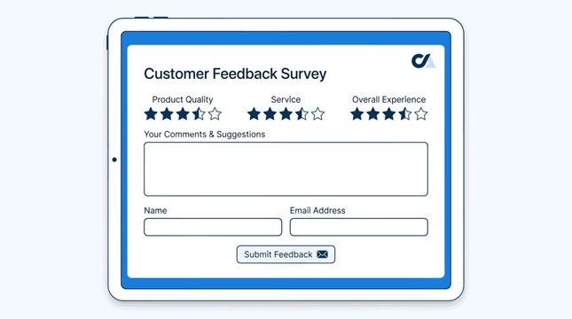Customer feedback survey digital form layout template with star ratings text boxes and submit button interface