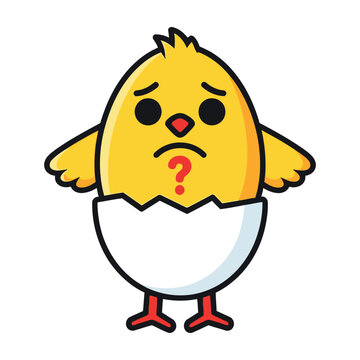 Sad cartoon chick hatching from egg with question mark