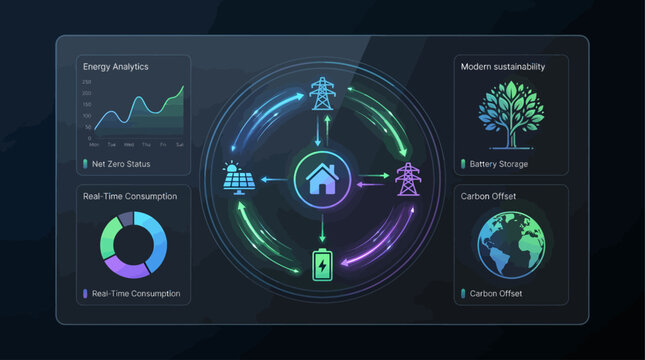 Smart home energy saving system automation dashboard displaying circular clean electricity usage power metrics overlay