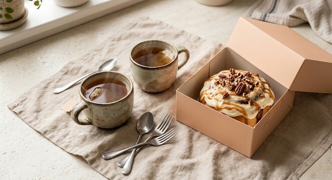 Two cups of hot tea with teabags served with cinnamon roll in pastel box on soft linen cloth.