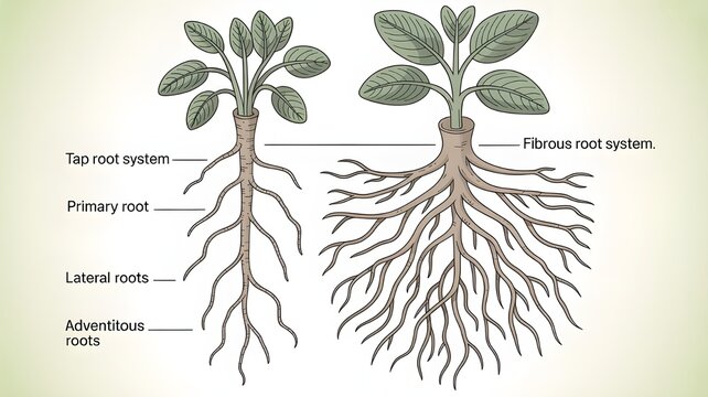 Educational botany diagram comparing tap root and fibrous root systems with labeled structures, presented in a clear and detailed biology illustration style.