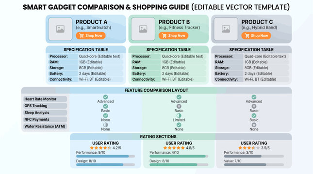 Product comparison shopping guide table layout sheet template for tech specifications evaluation and customer reviews
