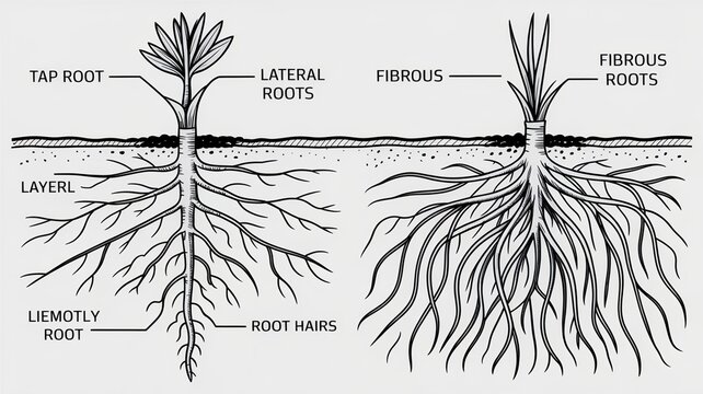 Educational botany diagram comparing tap root and fibrous root systems with labeled structures, presented in a clear and detailed biology illustration style.