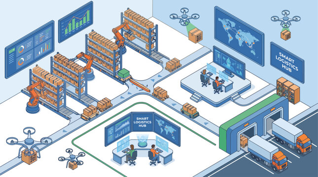 Isometric automated factory smart logistics warehouse with robotic conveyor belts delivery drones and monitoring room