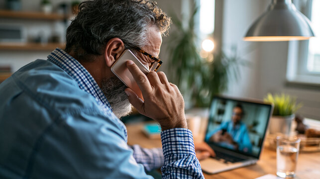 A European male healthcare professional viewed from behind talks on a soft phone during a bright telemedicine video consultation at calm home office daylight phone telemedicine