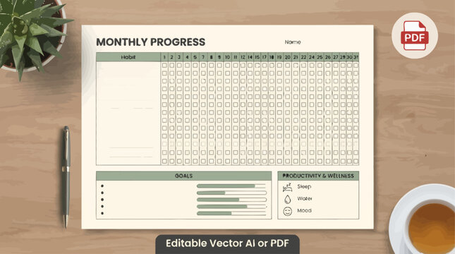 Monthly progress calendar tracker template sheet for habit goals productivity milestones and business task management