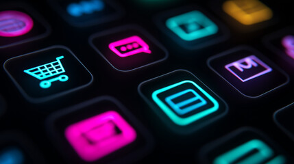 Obraz premium Neon e-commerce application icons on dark digital screen, online shopping platform, secure payment, shopping cart, delivery service and mobile retail concept. ecommerce application