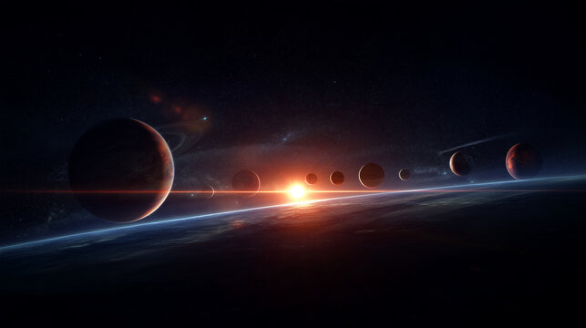 Cinematic solar system scene with several planets aligned in deep space, bright star flare on cosmic horizon, astronomy, planetary exploration, universe background and space scienc