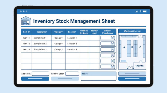 Inventory stock management sheet spreadsheet layout for business warehouses tracking item details quantity and storage locations
