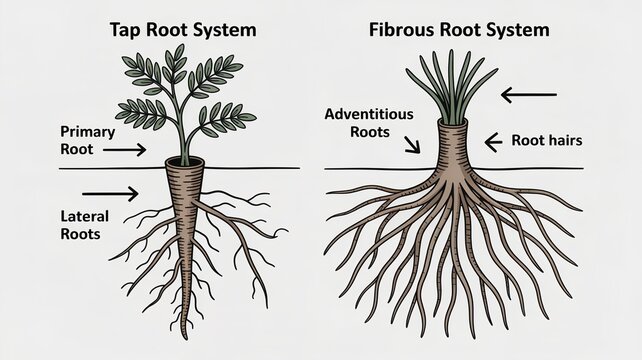 Educational botany diagram comparing tap root and fibrous root systems with labeled structures, presented in a clear and detailed biology illustration style.