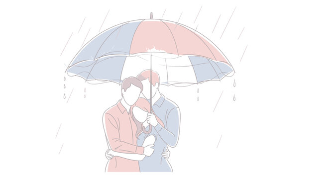 Minimalist illustration of three people hugging under a large umbrella in the rain.