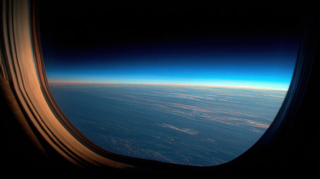 View through a spacecraft window showing Earth horizon, atmospheric layers, and endless cloud formations beneath deep space darkness. Cinematic orbital perspective with realistic aerospace environment